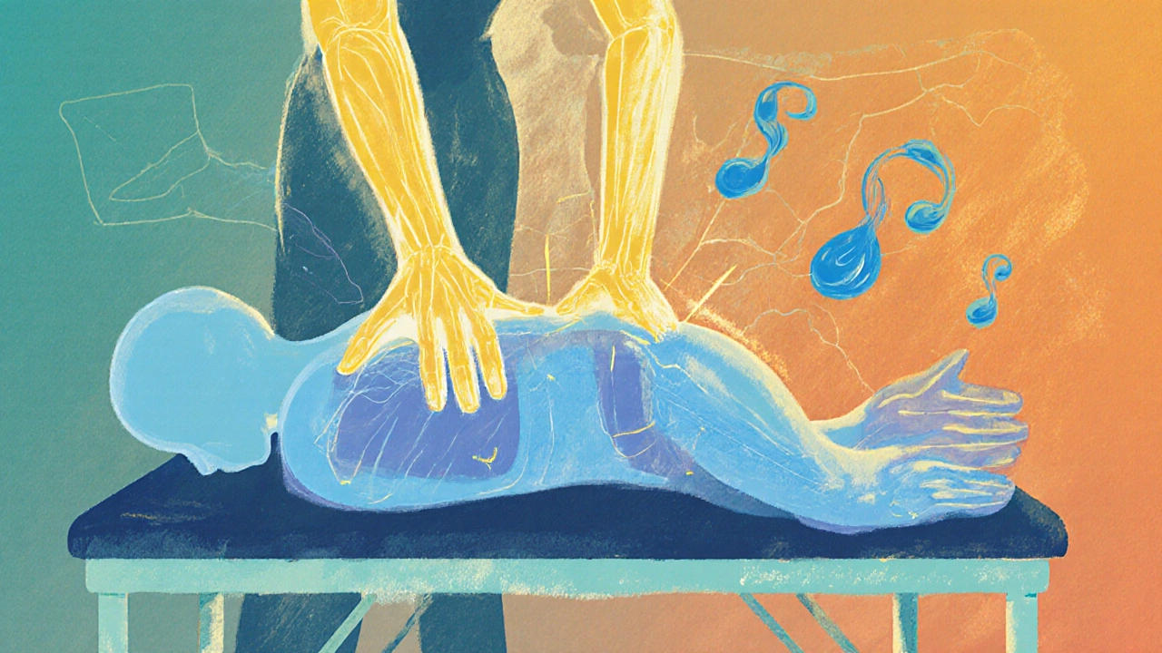 Ilustrace masáže ukazuje proudy endorfinů a snížení kortizolu v těle.