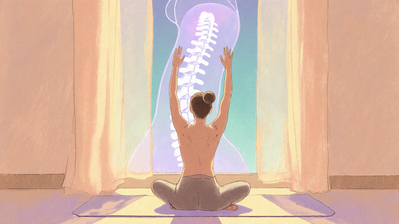 Po cvičení osoba sedí na podložce, protahuje se a zobrazují se vyrovnané obratle.