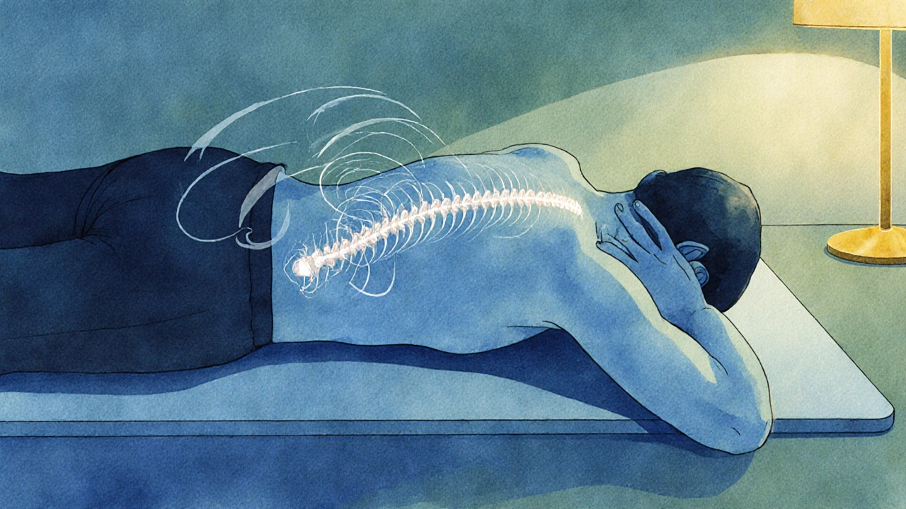 Postava leží na podložce a provádí pomalou rotaci zad s viditelným vyznačením páteře.