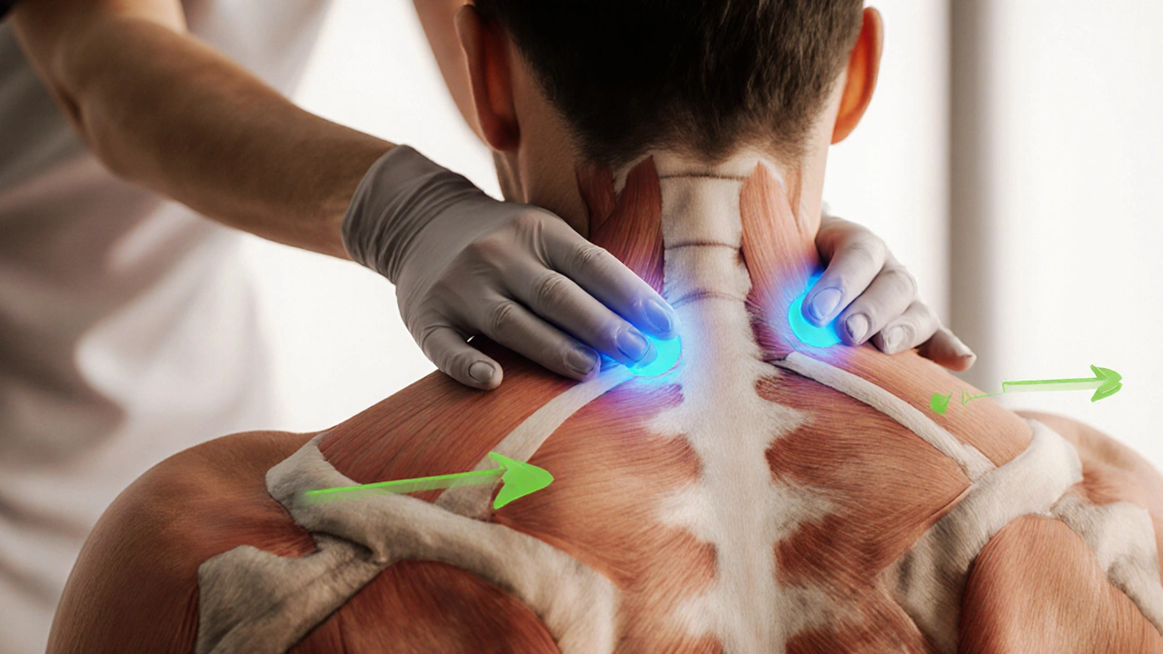 Terapeut masíruje krk, ukazuje uvolňování trigger pointů a fascie.