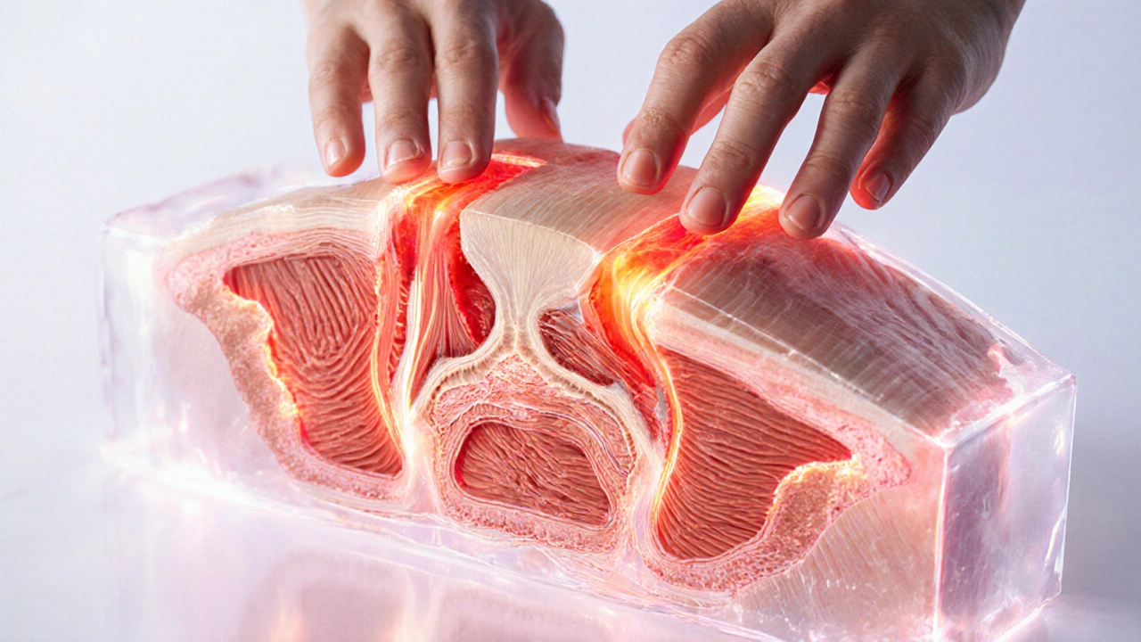 Anatomický náčrt ukazující uvolňování jizev a zlepšení krevního oběhu v svalu.