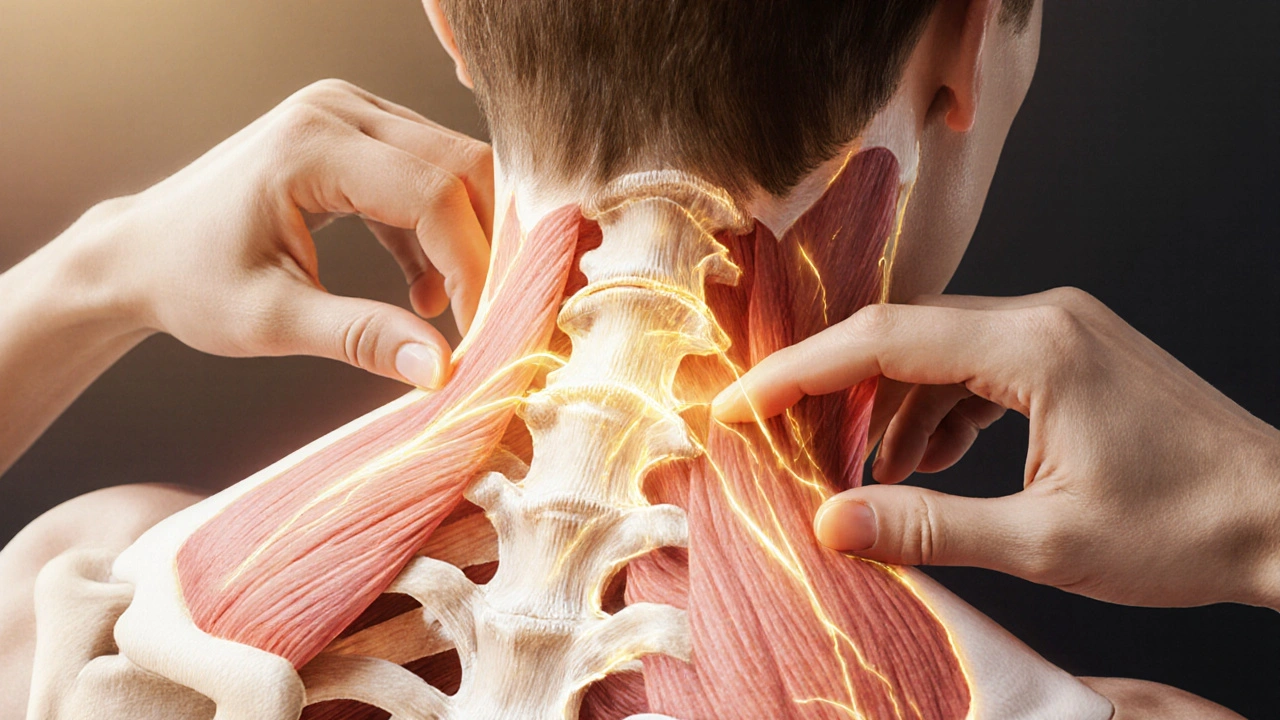 Anatomický nákres krku s označenými svaly a body tlaku, symbolizující uvolnění napětí.