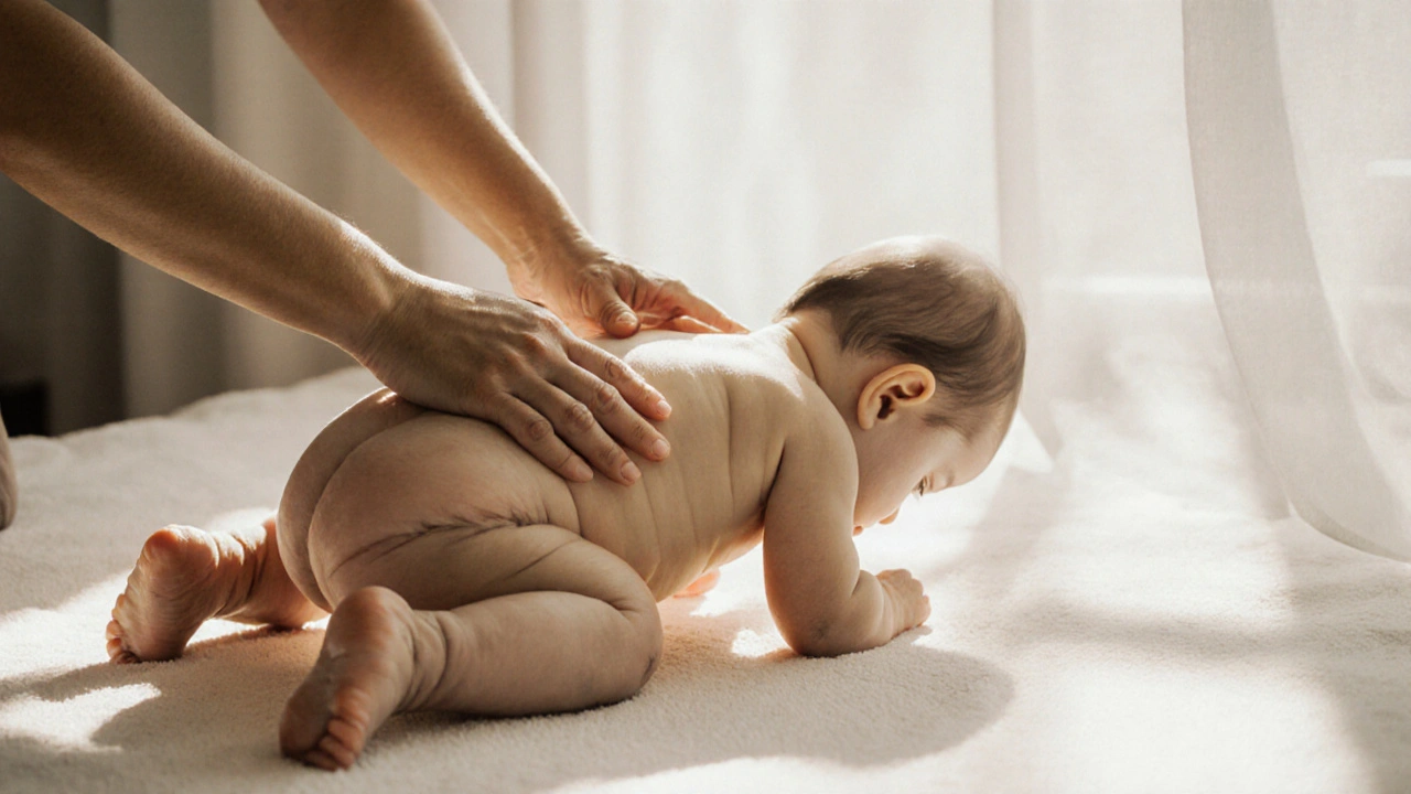 Celotělová masáž kojence: břicho, nohy a záda jsou jemně masírovány v klidném prostředí.
