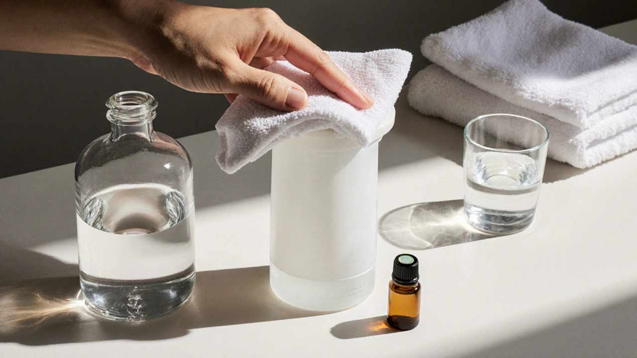 Čistění nádržky difuzéru hadříkem po vyliptí vody.