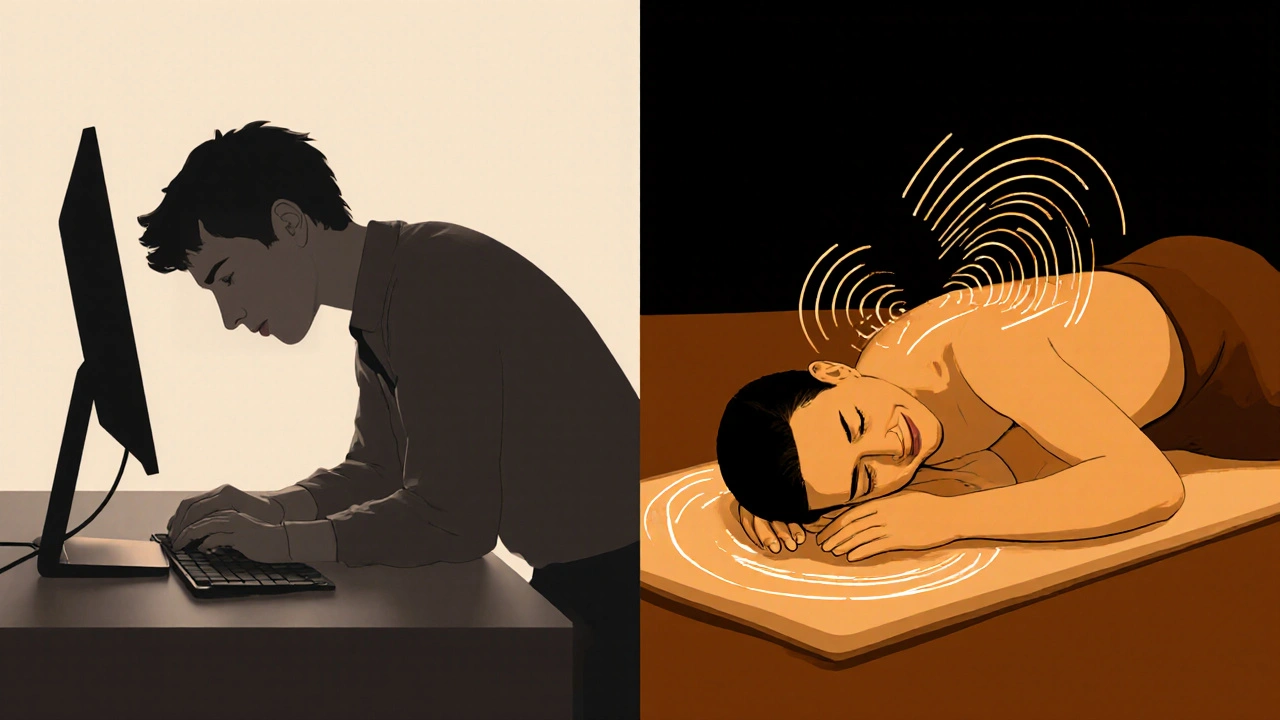 Dvě scény: napjatý zaměstnanec a ten samý člověk po shiatsu v klidu a pokoji.