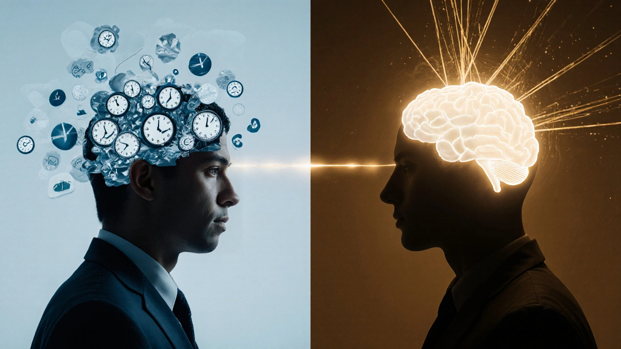 Dvě strany jedné osoby: stresovaná mysl vs klidná hlava po masáži.