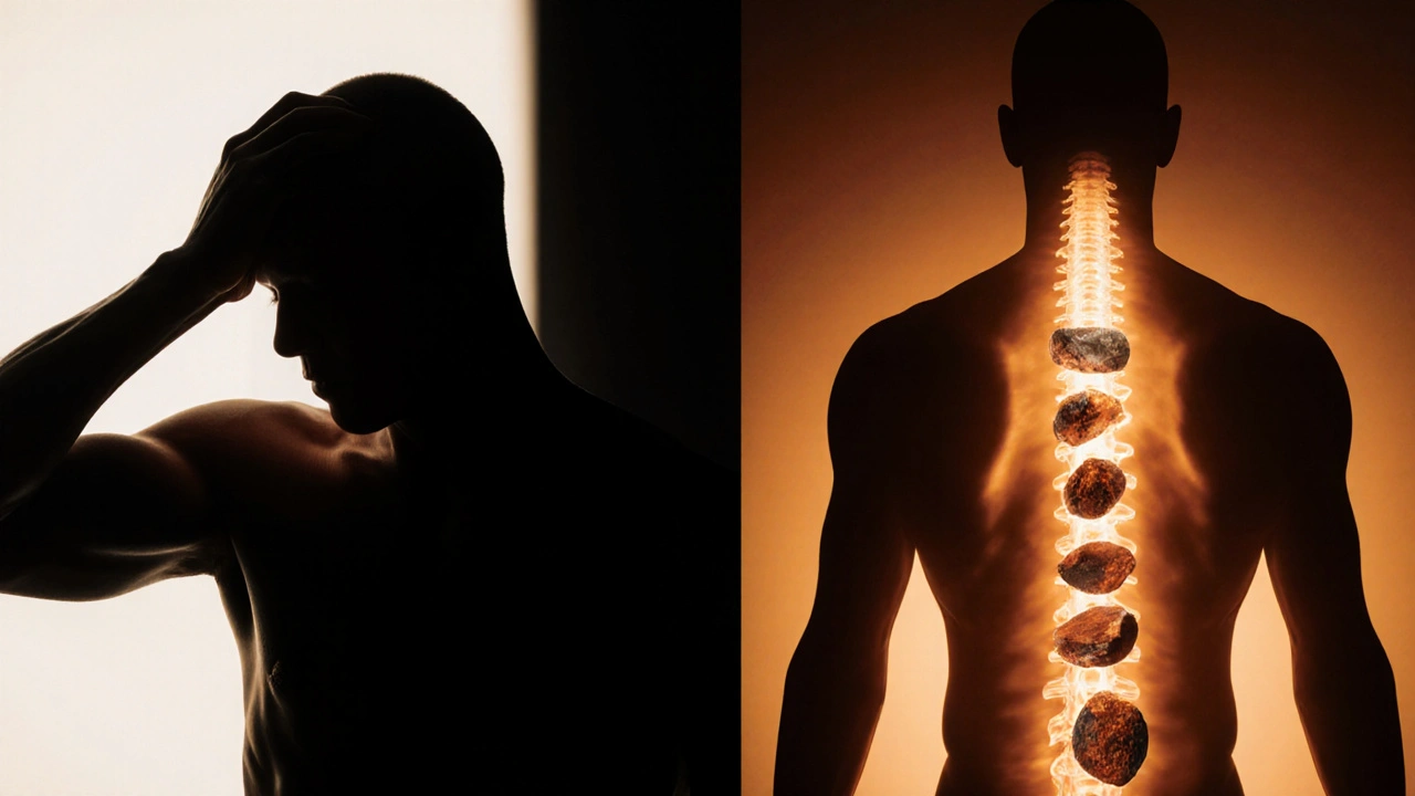 Dvě strany jednoho těla: jedna napjatá ve stínu, druhá uvolněná v teplém světle s kameny.