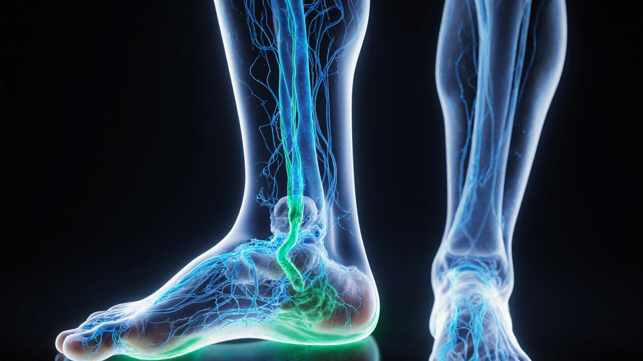 Glowing lymfatická síť pod kůží s proudem tekutiny směřující z nohou k pánvi.