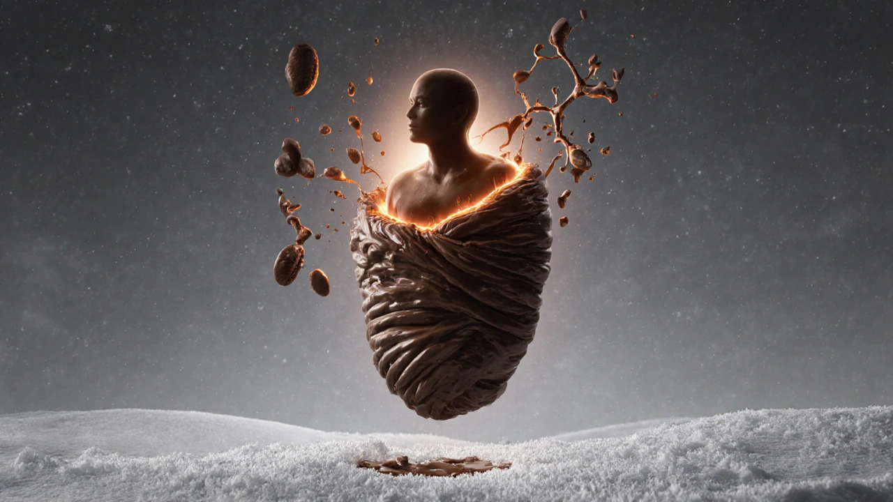 Lidská silueta obklopena zářivou čokoládovou vrstvou, která taje zimu kolem sebe v dreamlike scéně.