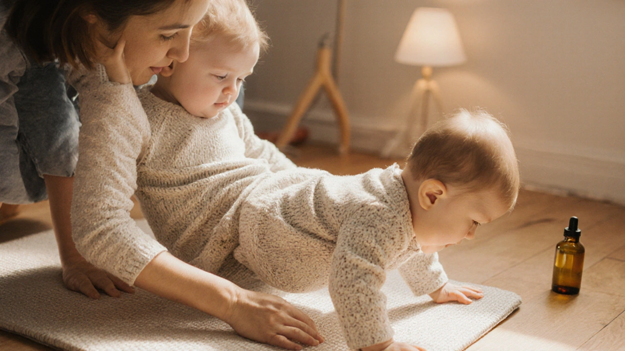Rodič provádí pohyb &#039;jízda na kole&#039; s klidně se usmívajícím batolatem.