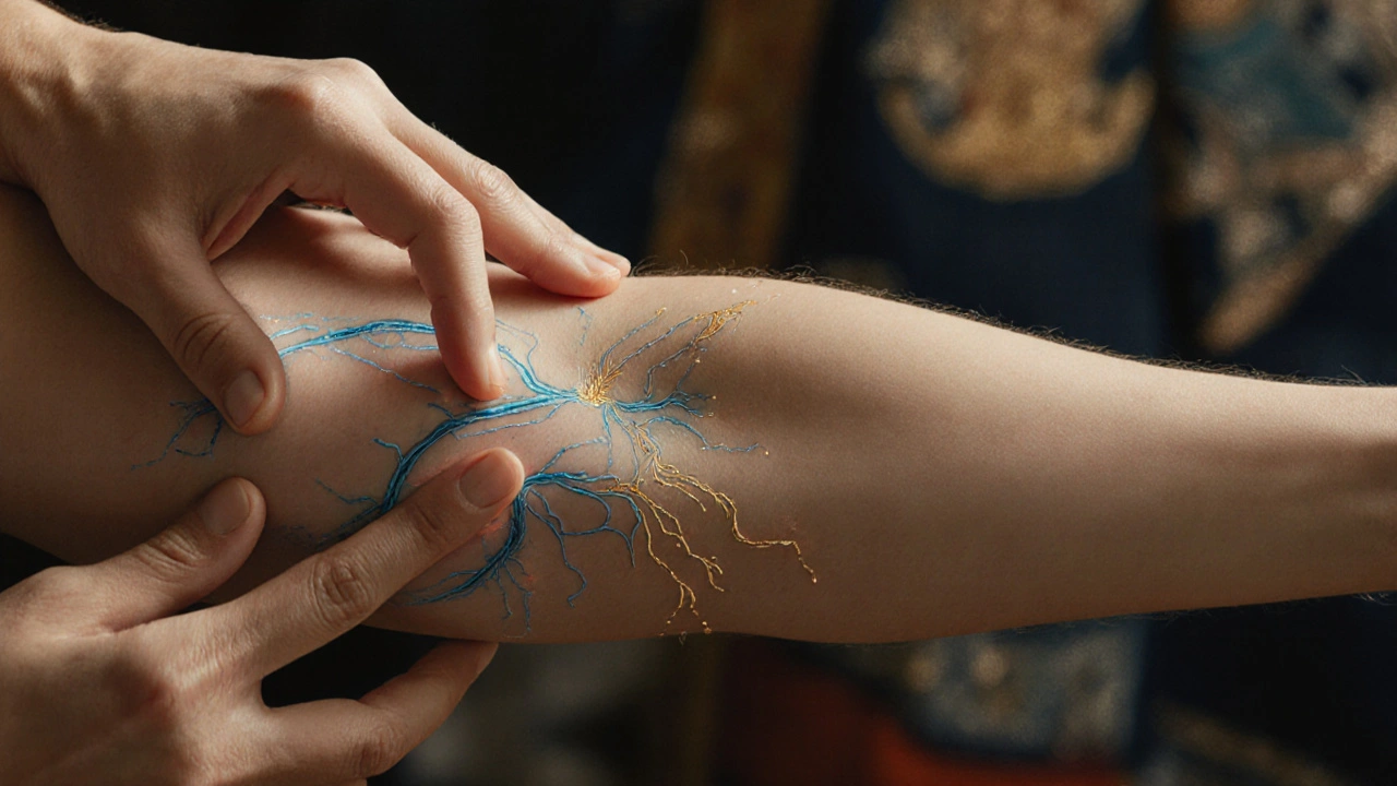 Ruce aplikují přesný tlak na akupresurní body podél tělesných meridiánů.