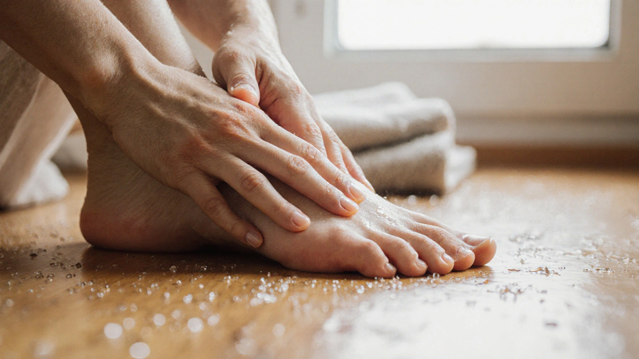 Ruce provádějí domácí lymfatickou masáž na noze, jemné pohyby od prstů k kotníku.