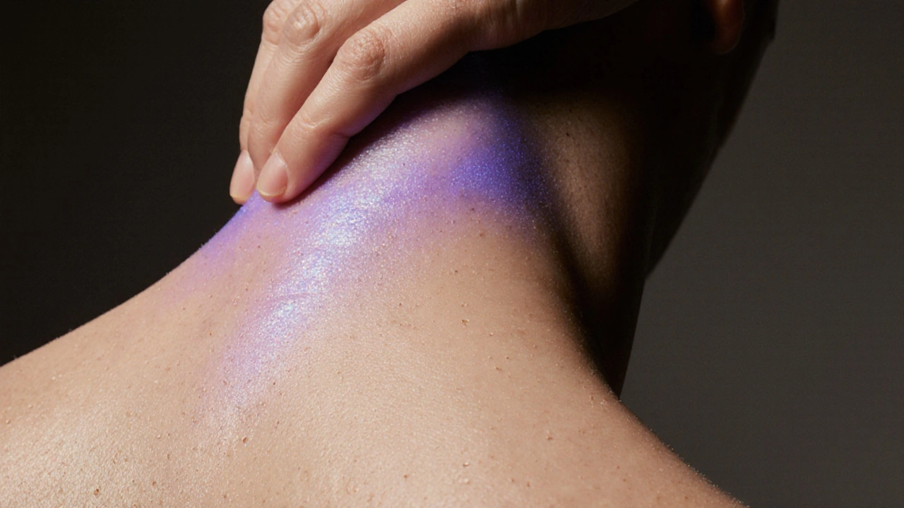 Ruka hladí krk, za sebou zanechává jemný světelný stop, znázorňující uvolnění.