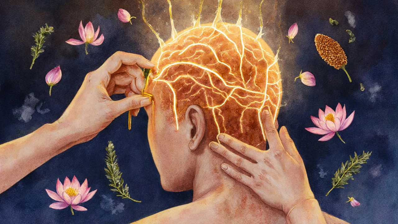 Ruky aplikují teplý olej na hlavu a krk, s energetickými čarami vedoucími k mozku.