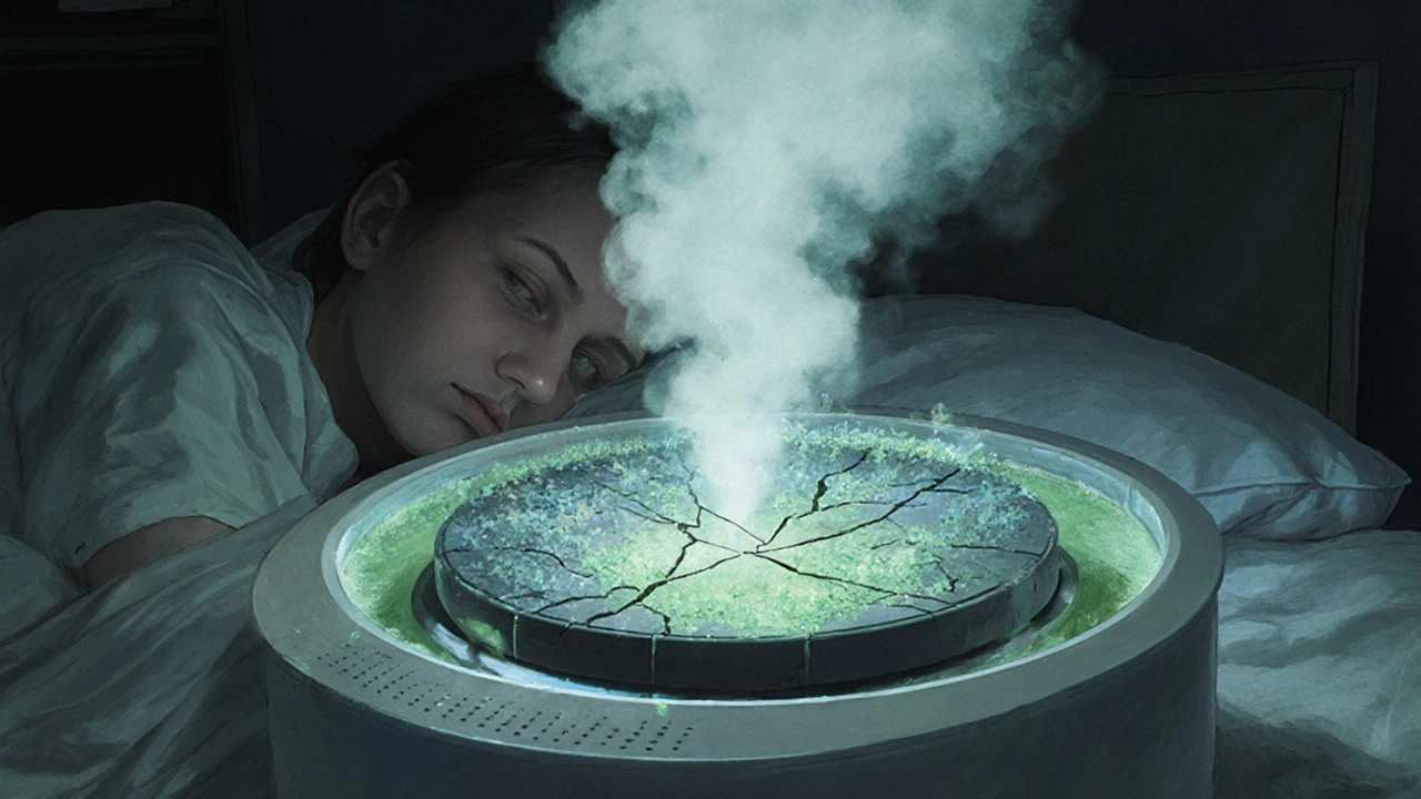 Stará voda v difuzéru s viditelnými známkami plísně a minerálních usazenin.