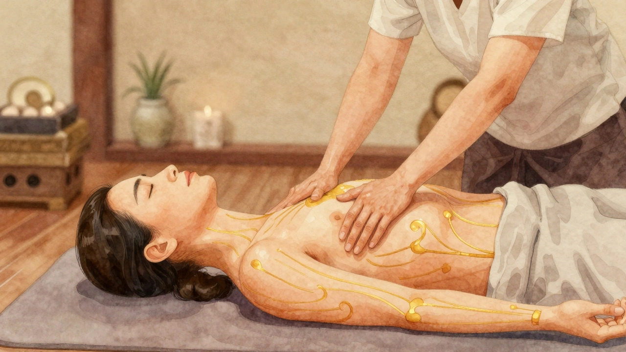 Abstraktní vodové barvy znázorňují energetické linky při thajské masáži v klidném prostředí.