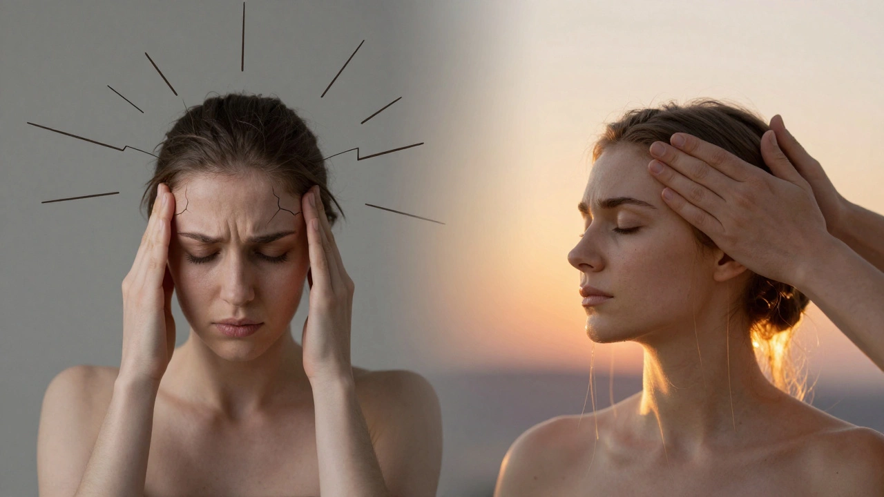 Dvoučástný obraz: stresovaná hlava vlevo, klidná a osvěžená vpravo, symbolizující změnu po masáži.