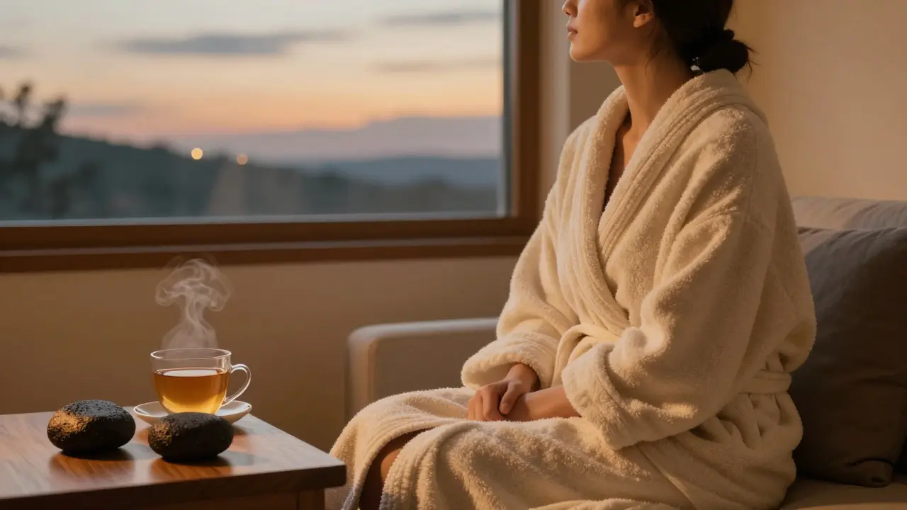 Osoba po masáži sedí v plášti, dívá se z okna, vedle ní teplé lávové kameny a hrnek čaje ve večerním světle.