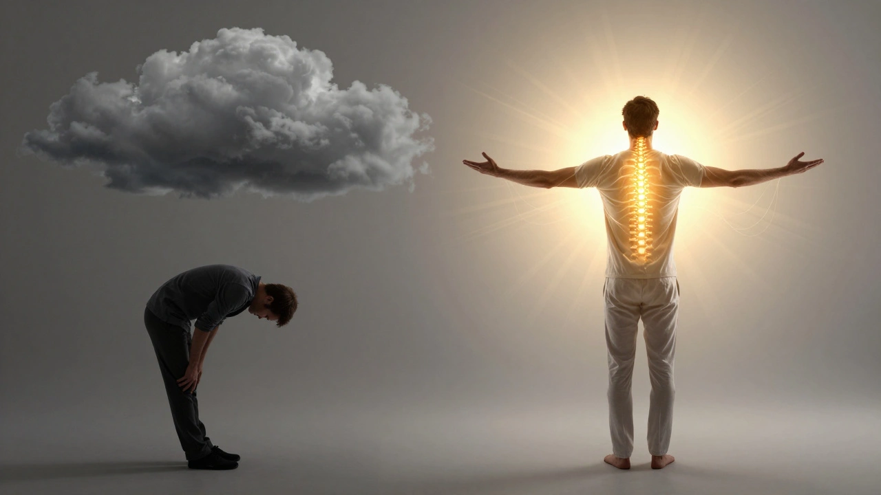 Před a po: tělo z těžkého napětí přechází do volnosti a světla.