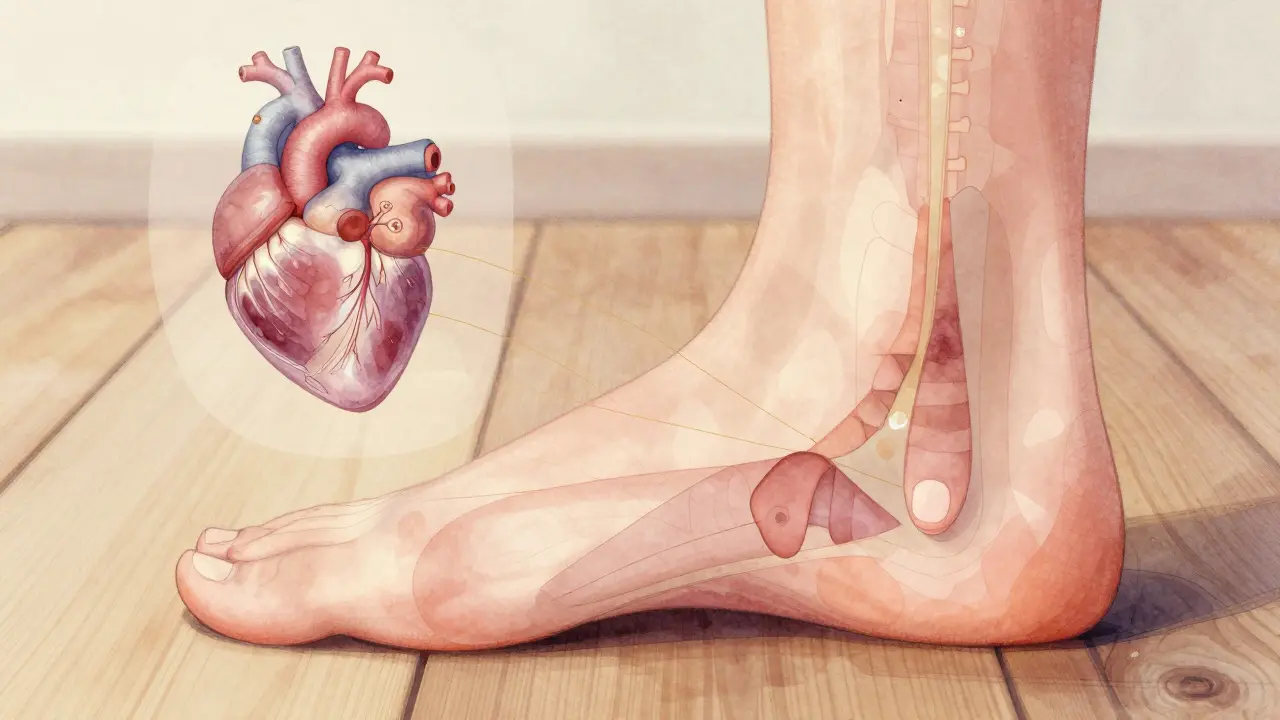 Přehledová ilustrace nohy s překrytou mapou vnitřních orgánů v jemných vodových barvách.