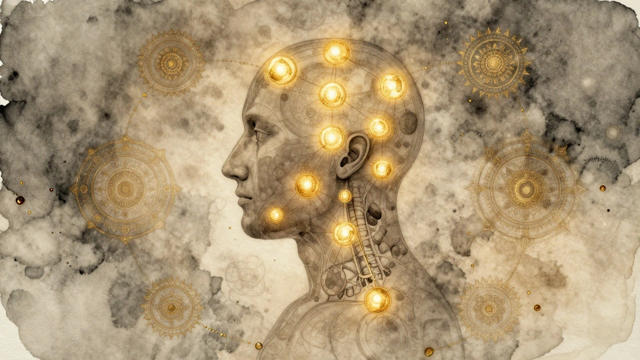 Umělecká ilustrace hlavy s označenými akupresurními body spojenými s orgány v zlatých čarách.