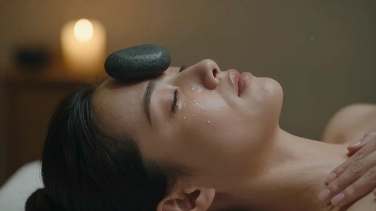 Žena pláče klidně, když jí teplý lávový kámen leží na čele, ruka na prsou, v klidném prostředí.