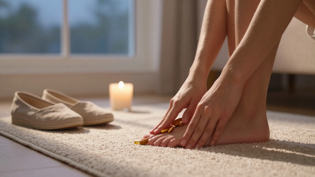 Žena si jemně masíruje nohy a záda doma, symbolizující sebepeči během těhotenství.