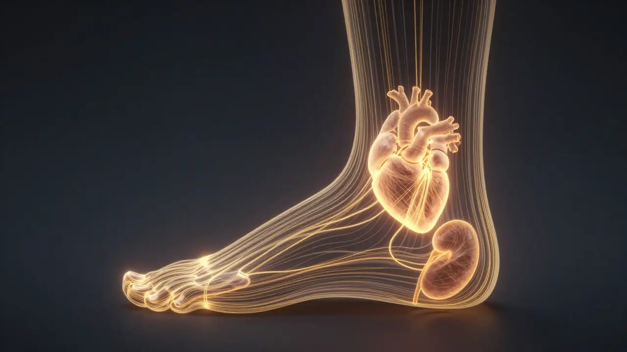 Abstraktní mapa chodidla s označenými body spojenými s orgány zlatými čarami.