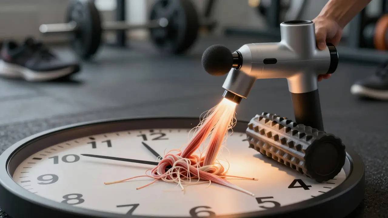 Hodiny s masážními nástroji, symbolizující optimální dobu obnovy po tréninku.