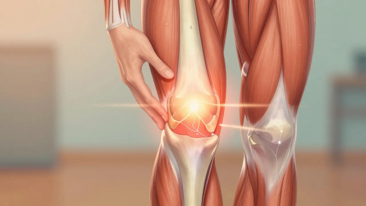 Ilustrace kolenního kloubu s proudy krve a nervovými signály blokujícími bolest.