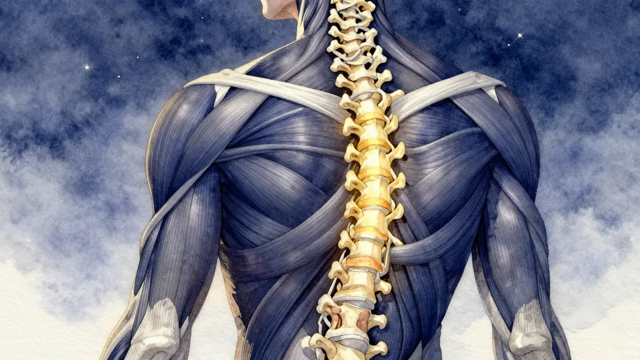 Kresba páteře s napjatými svaly, které postupně uvolňuje zlaté světlo.