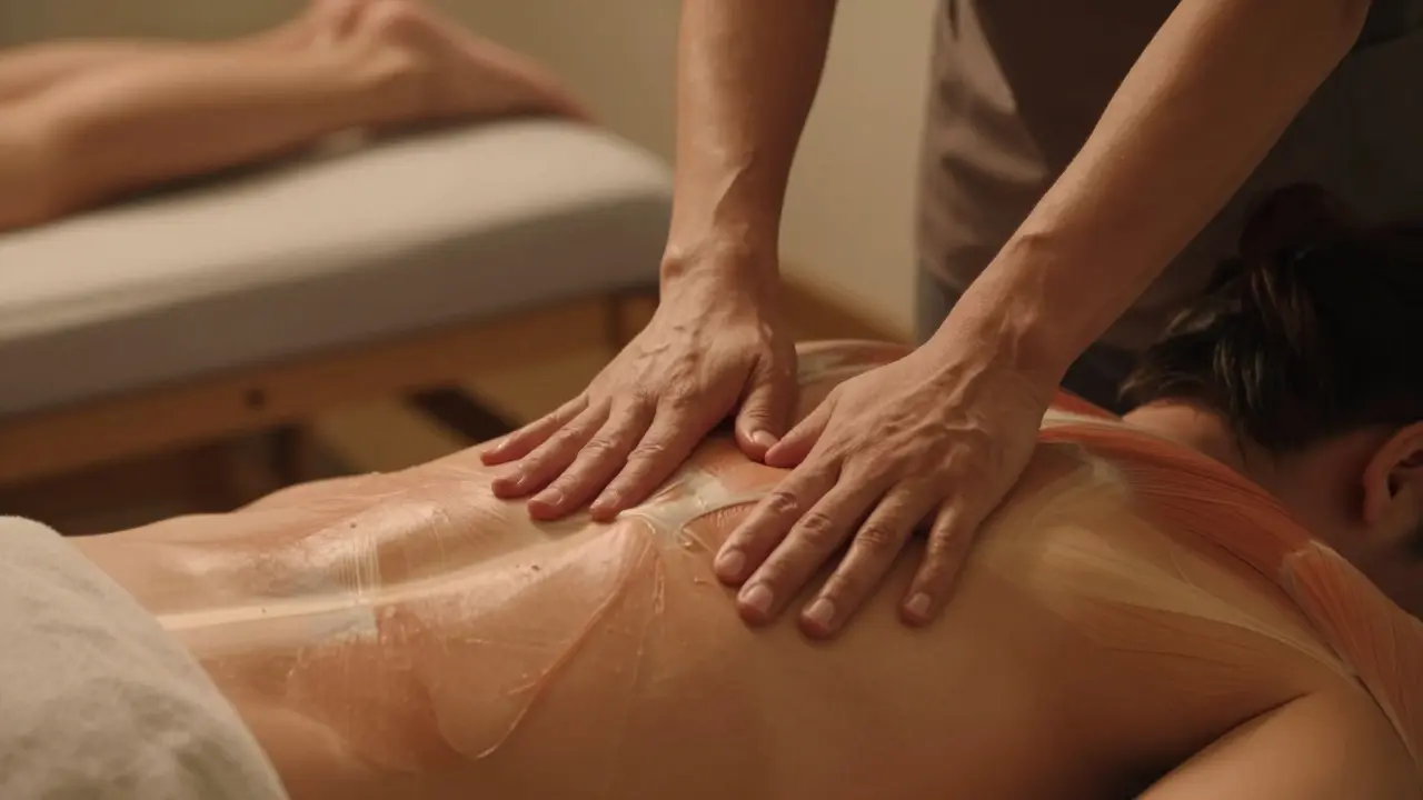 Odborník provádí jemnou masáž zádů na massážním stole s anatomickými překryvy.