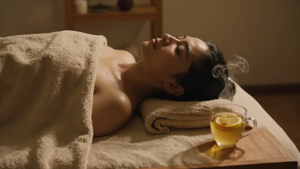 Person resting under a warm blanket after ayurvedic massage, glowing skin, steaming herbal drink nearby.