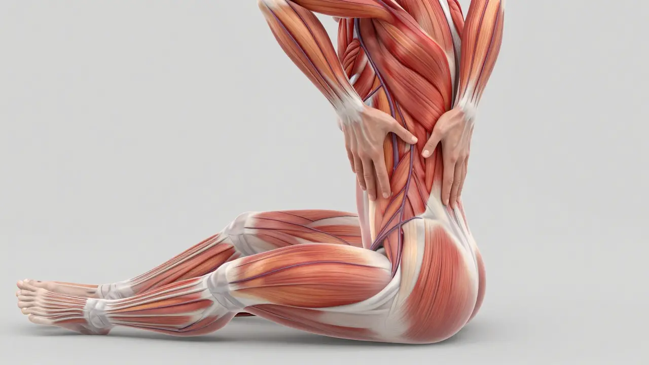 Průhledný model těla s rozšířeným krevním oběhem po masáži s vizuálními vlnami energie.