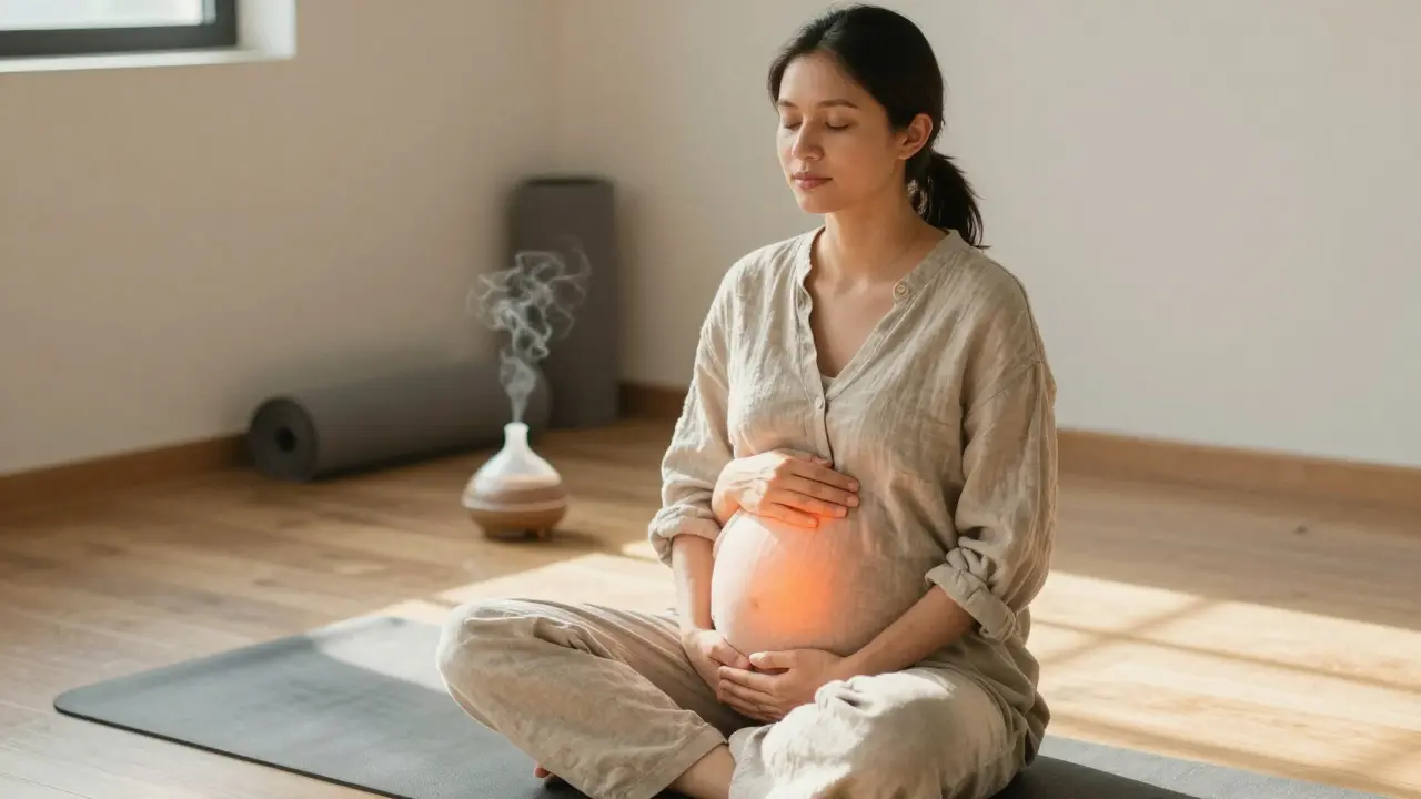 Těhotná žena dělá dýchací cvičení v klidné místnosti, ruce na břiše, ve zlatém světle.