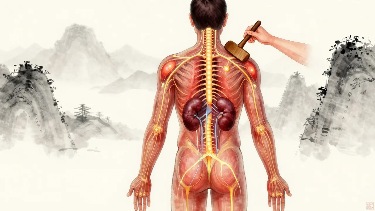 Tělo s viditelnými meridiány a tokem energie při guasha masáži.