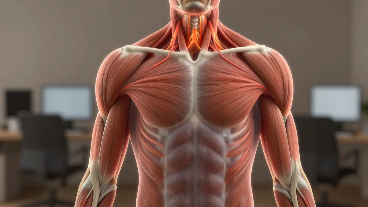 Transparentní obrázek těla s ukázkou původu bolesti v rameni z břišních svalů.