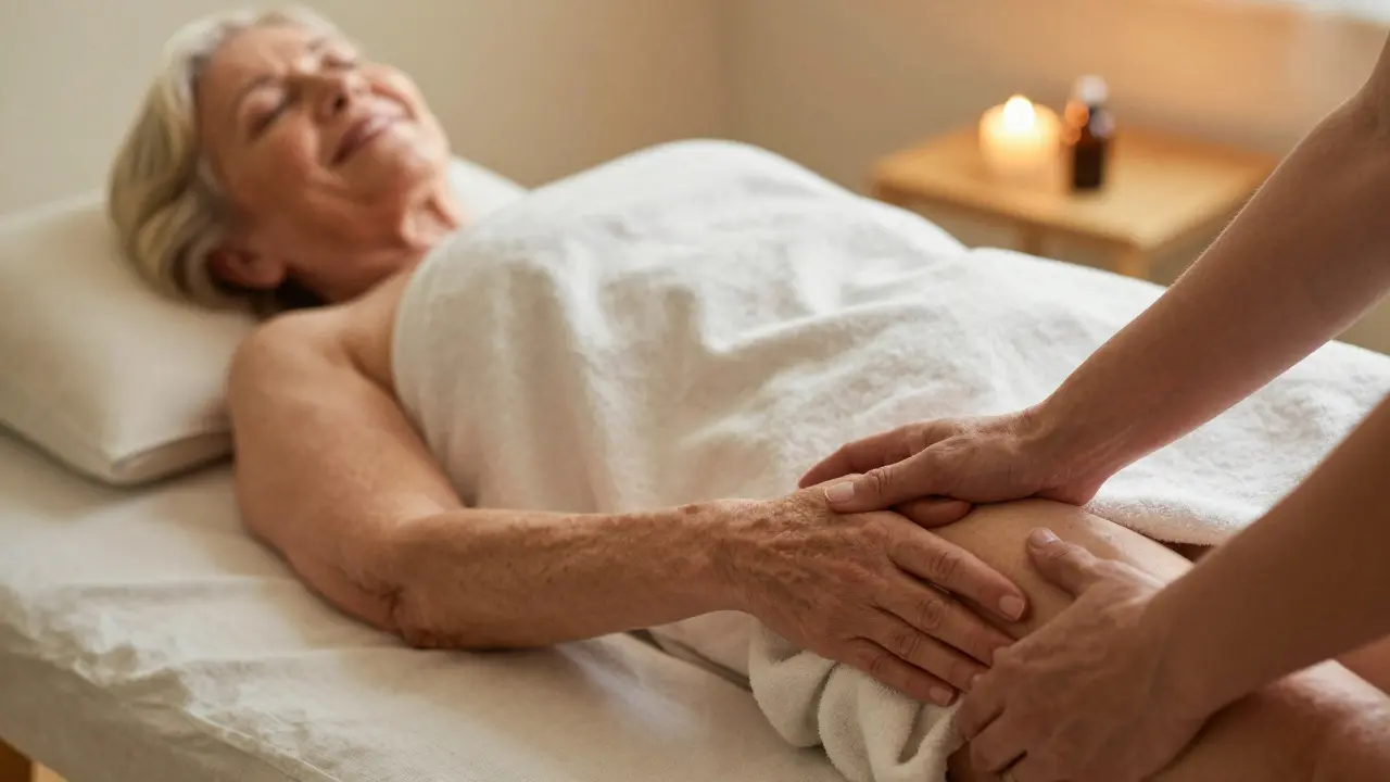 Žena na masážním stole, terapeut jemně masíruje oblast kolem kyčle, klidná atmosféra.