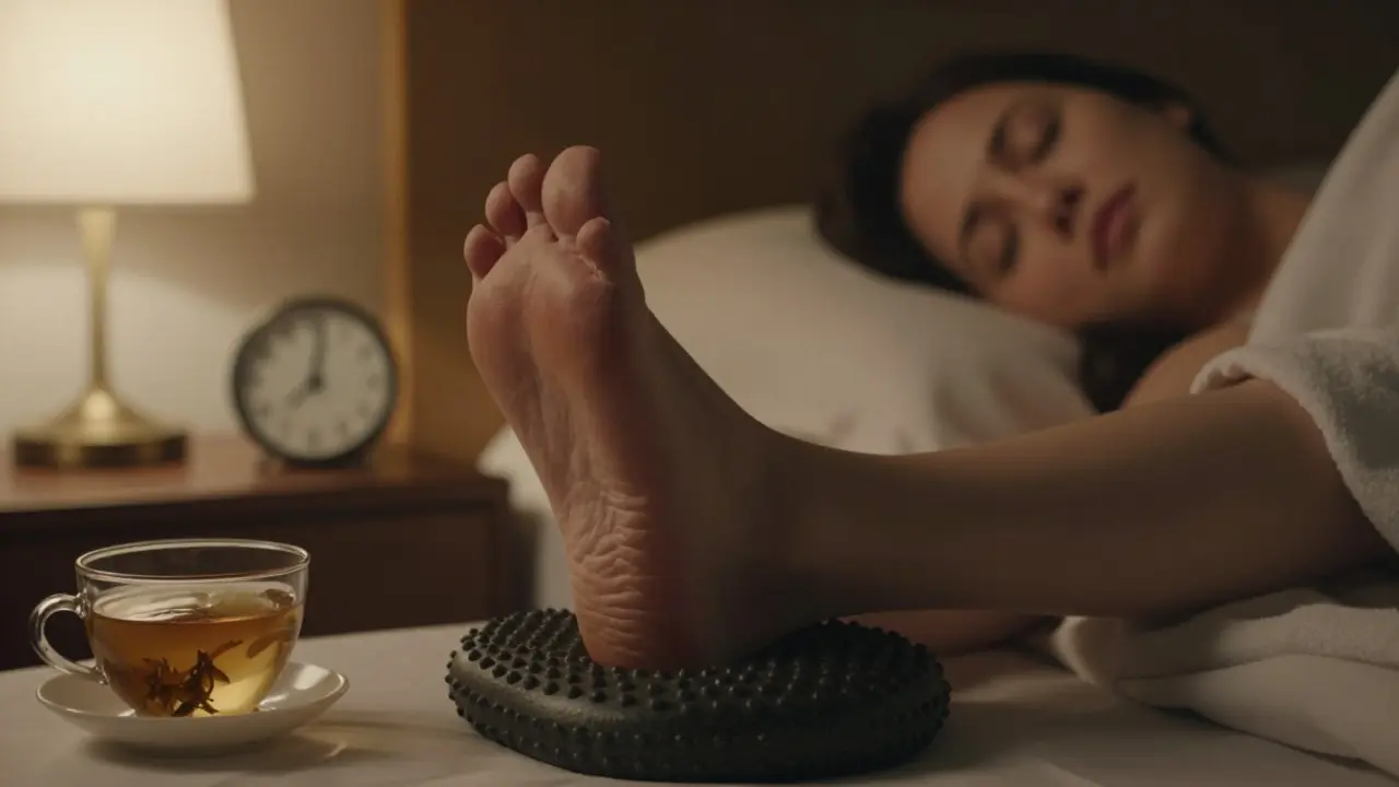 Žena si dělá reflexní masáž chodidla na hrbolku před spaním.