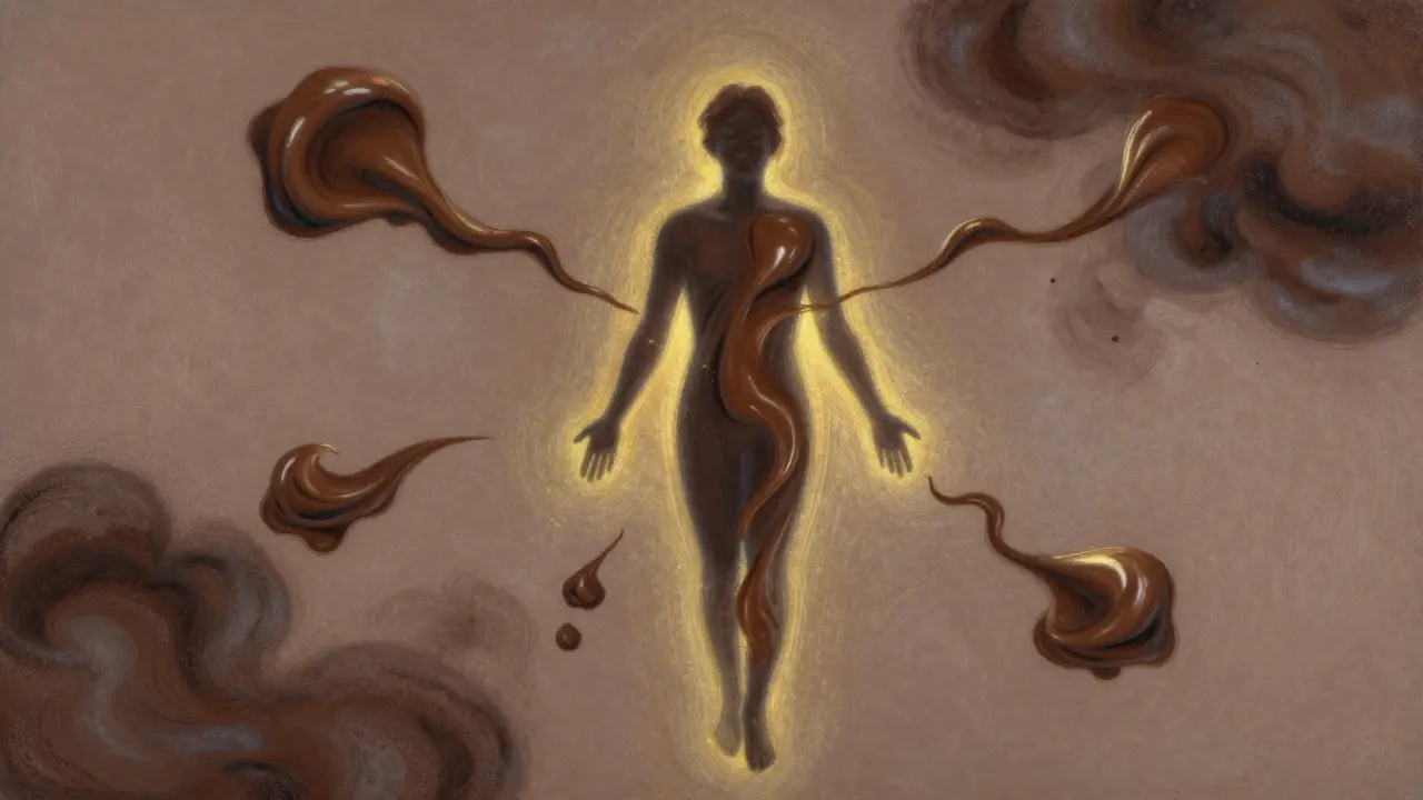 Abstraktní obraz člověka obklopeného tancujícími čokoládovými proužky, symbolizujícími uvolnění.