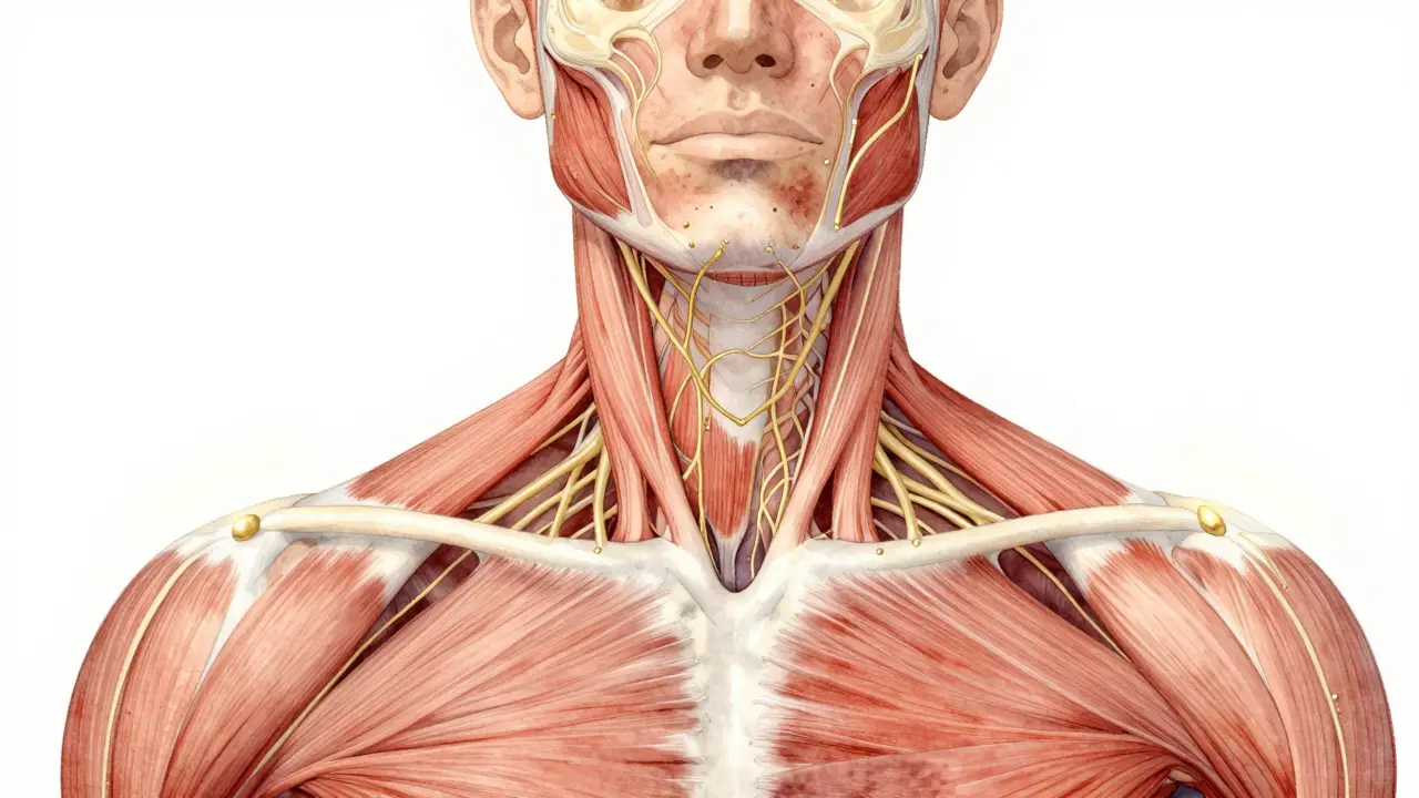 Anatomický náčrt s vyznačenými svaly trapezius a body pro antimigrenózní masáž.