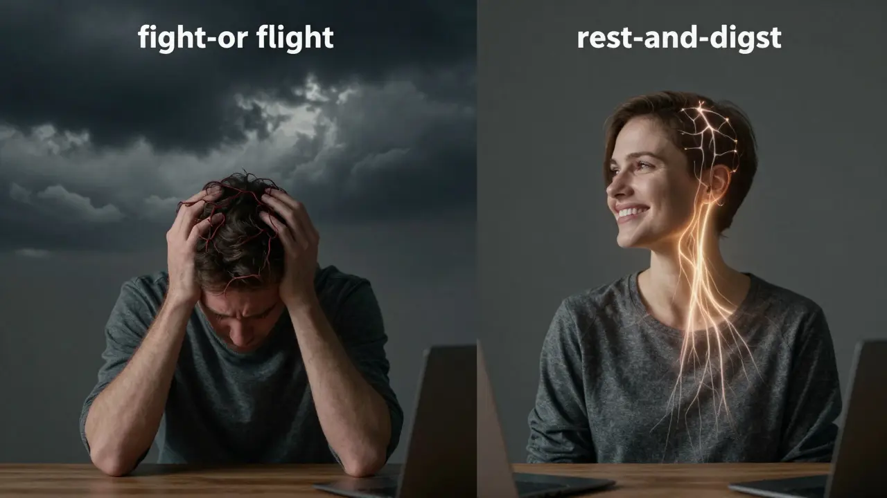 Dvě strany jedné osoby: napětí vs. uvolnění, symbolizující účinek antimigrenózní masáže.