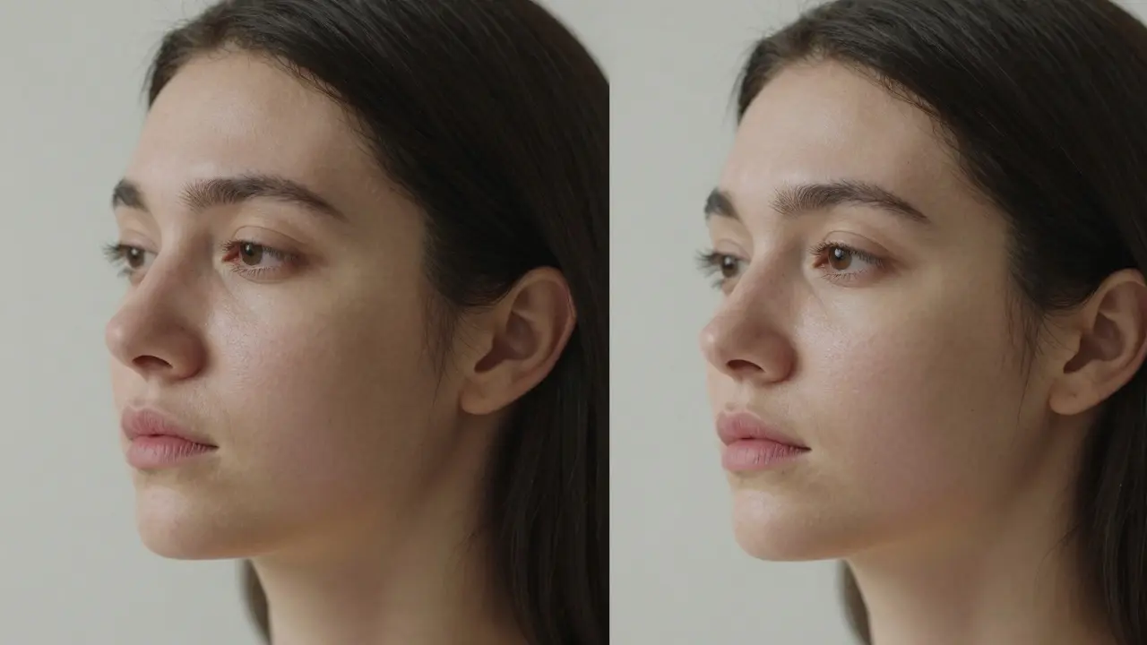 Dvě verze obličeje: unavený a odpočatý, s jemnými rozdíly v otoku a kůži.