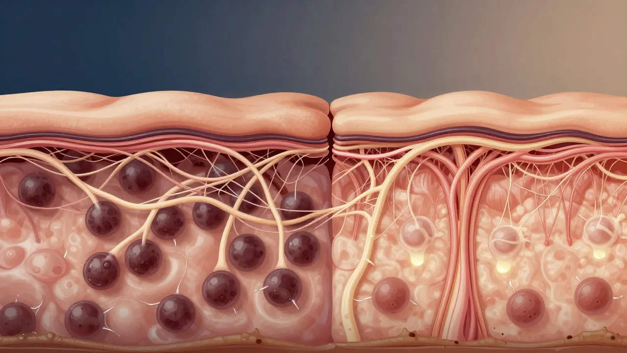 Křížový řez kůže: zatuhlá pojivová tkáň s tukem vs. uvolněná tkáň po masáži.
