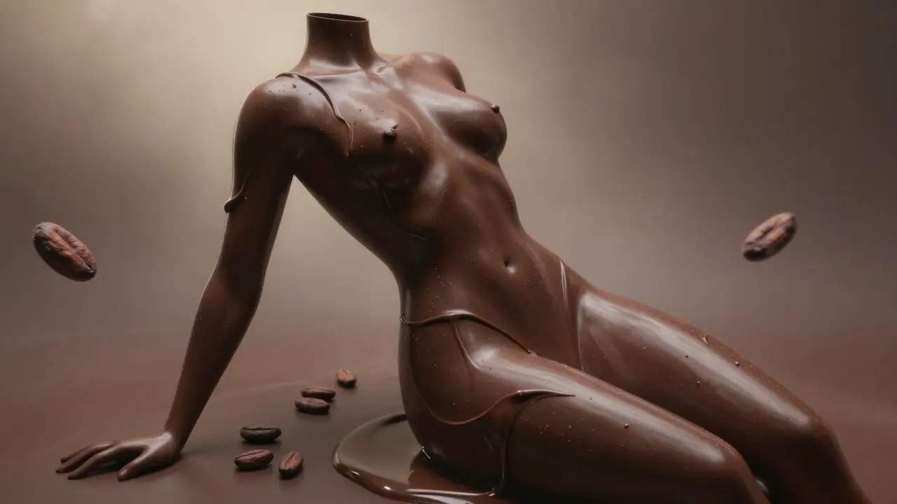 Lidské tělo pokryté tekoucí tmavou čokoládou, která vypadá jako tekutý hedvábí.