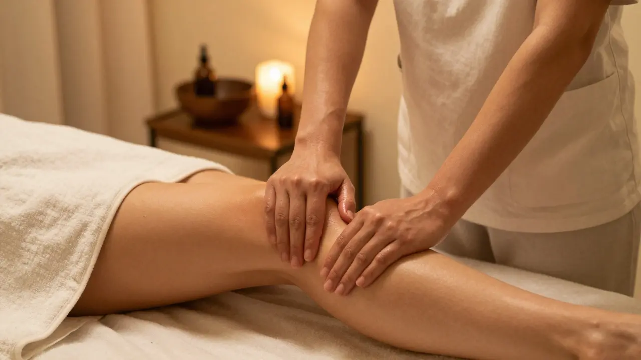 Masérka provádí anticelulitidní masáž na stehně ženy v klidném prostředí.