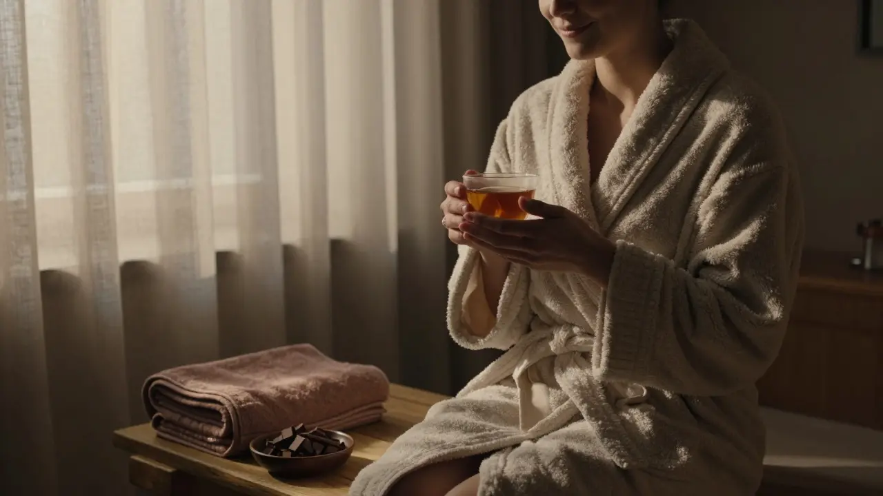 Osoba v teplém rukávu sedí v klidné wellness místnosti s šálkem zázvorového čaje.