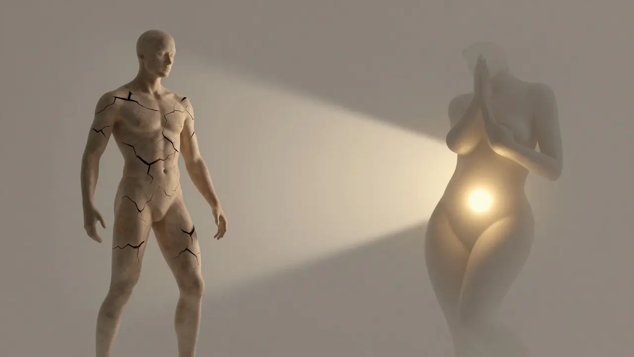 Symbolický obraz dvou cest: napjaté tělo vs. pružné, připravené tělo před porodem.