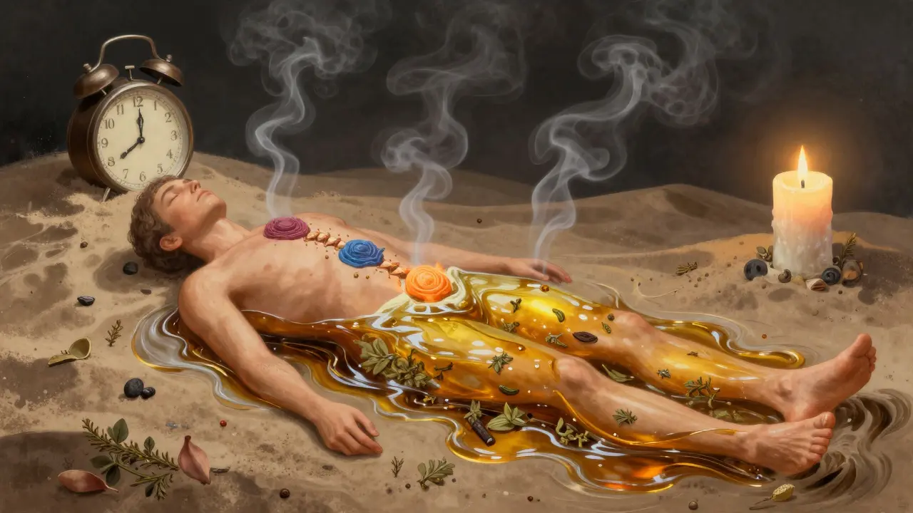 Tělo se mění v proudy oleje, z něj vystupují tmavé toxiny, zatímco světlo proudí po těle jako obnova energie.