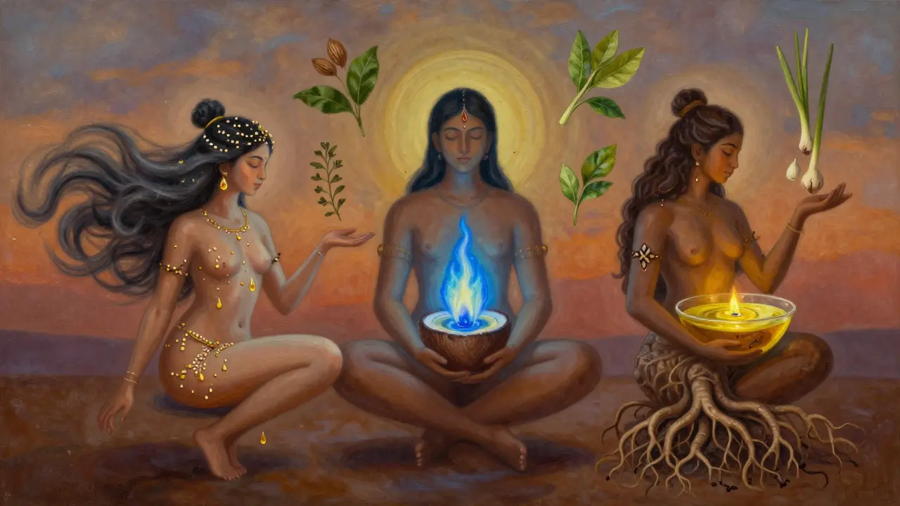 Tři abstraktní prvky symbolizující dosha – vítr, oheň a země – obklopují tělo v rovnováze, s bylinkami ve vzduchu.